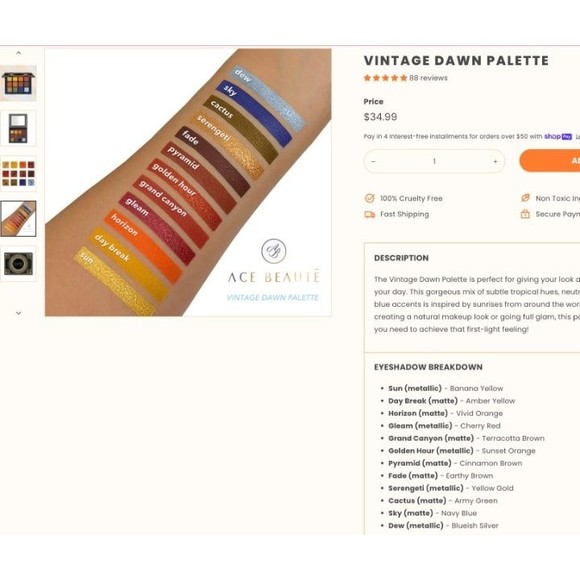 Ace Beaute Scarlet Dusk & Vintage Dawn Eyeshadow Palettes 2 Set Sunset Rainbow - Picture 12 of 12